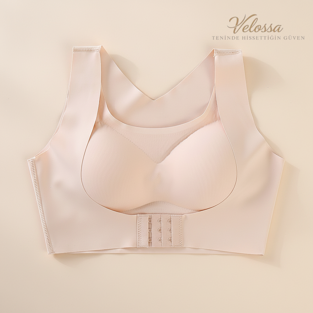 Velossa duruş düzeltici dikişsiz sütyen bej renk, doğal görünüm ve gün boyu konfor sunar.