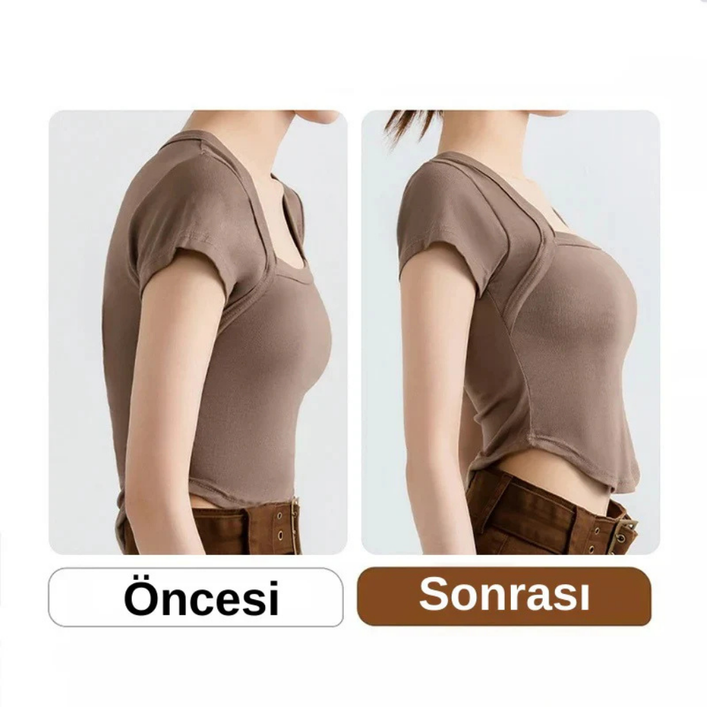 Velossa duruş düzeltici sütyen öncesi ve sonrası etkisi, daha dik duruş ve toparlayıcı görünüm sağlar.